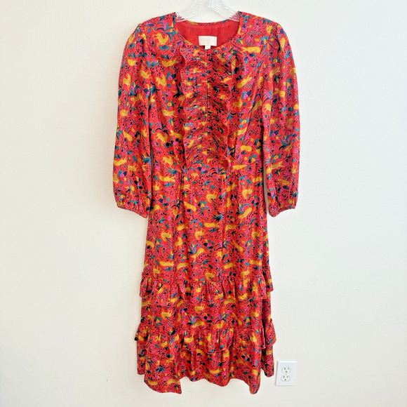 J. Crew Collection Dress Size 2 Silk Tiered Ruffle In Jungle Cat Print Midi Boho - Picture 2 of 16